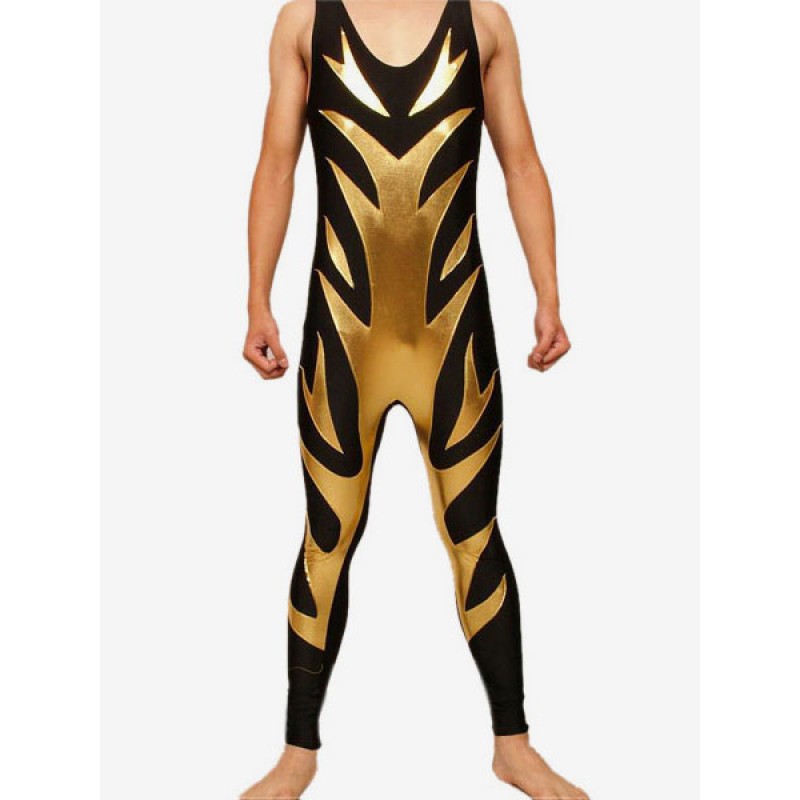 Men Black Shiny Metallic Wrestling Sleevesless Singlet With Golden Pattern Bodysuit