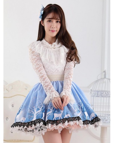 Blue Short Lolita Skirt Lace Trim Polyester Print Sweet Spring Daily Casual