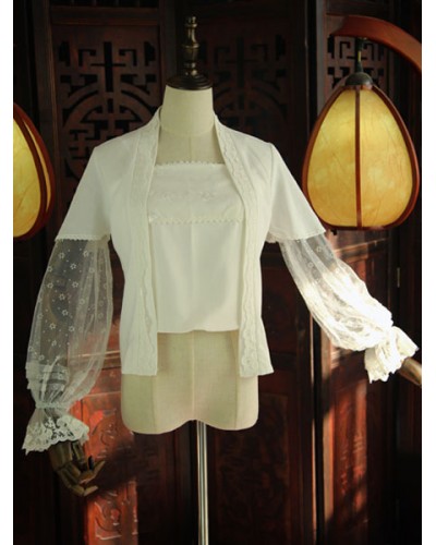 Hanfu Lolita Outfits Chiffon White Puff Sleeve Semi Sheer Overcoat With Top Chinese Style Spring Summer