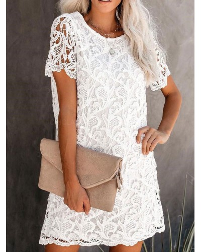 Lace Dresses White Jewel Neck Short Sleeves Oversized Lace Casual Dresses Summer Street Wear Indoor Field