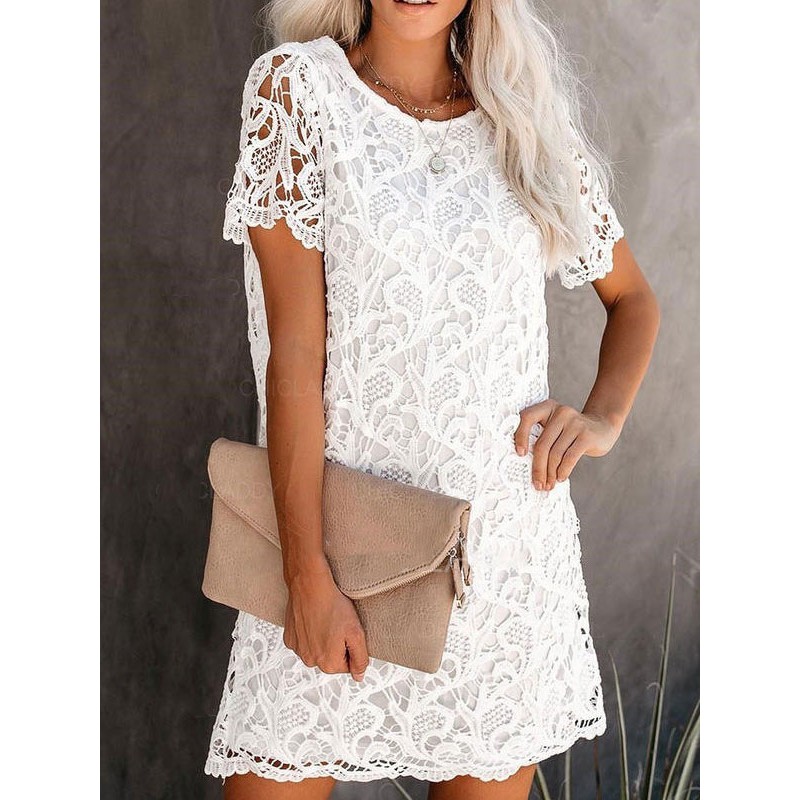 Lace Dresses White Jewel Neck Short Sleeves Oversized Lace Casual Dresses Summer Street Wear Indoor Field