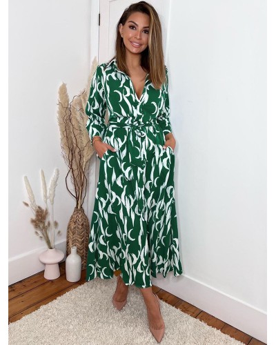 Midi Dress Green Turndown Collar Split Front Long Sleeves Geometric Layered Dress Shirt Street Wear