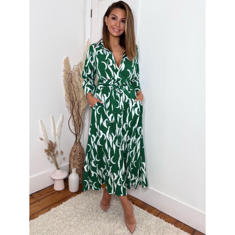 Midi Dress Green Turndown Collar Split Front Long Sleeves Geometric Layered Dress Shirt Street Wear