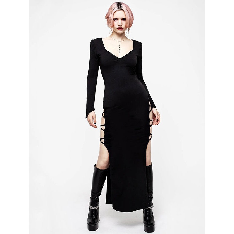 Women Dresses Black Sexy Sweetheart Neck High-Slit Sheath Dress Bodycon Spring Summer Fall