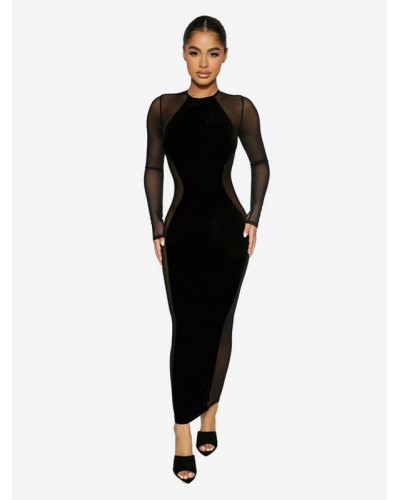 Women Bodycon Dresses Black Long Sleeves Jewel Neck Body-conscious Sheath Dress Sexy Fall