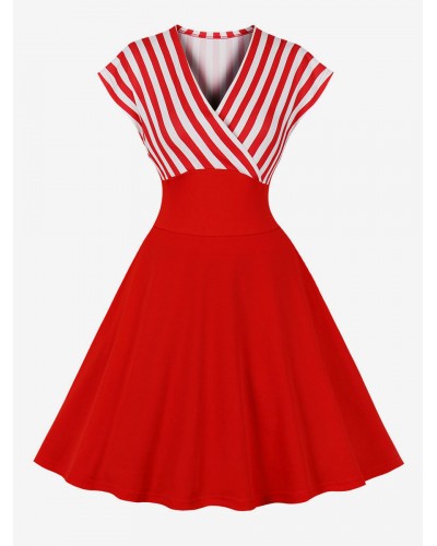 Women Dress 1950s Audrey Hepburn Style Red Stripes Short Sleeves V-Neck Rockabilly Dress Bodycon Retro Summer