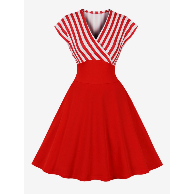 Women Dress 1950s Audrey Hepburn Style Red Stripes Short Sleeves V-Neck Rockabilly Dress Bodycon Retro Summer