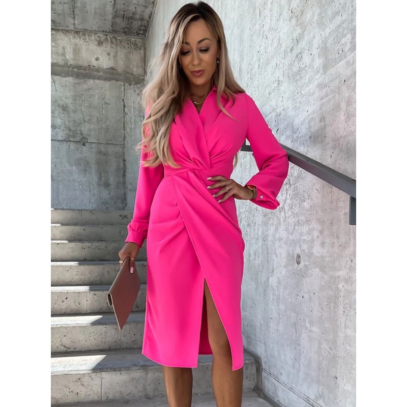 Women Bodycon Dresses Khaki Long Sleeves Pleated Casual V-Neck Low-slit Slim Fit Sheath Dress Simple Spring Fall