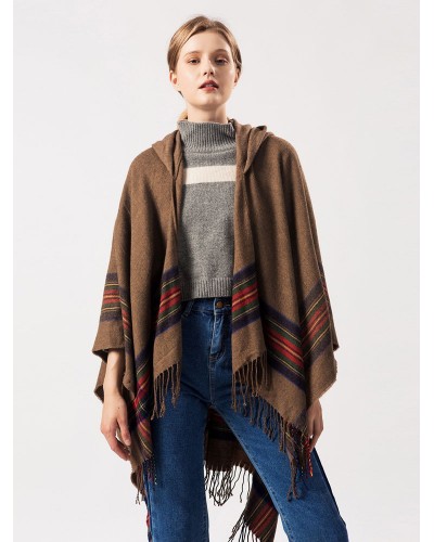 Women Shawl Wrap Bohemian Hooded Fringe Poncho Cardigan Cape Casual Street Wear Office  Career