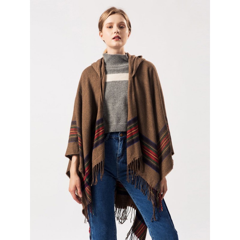 Women Shawl Wrap Bohemian Hooded Fringe Poncho Cardigan Cape Casual Street Wear Office  Career