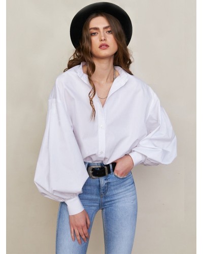 Women Shirt White Buttons Turndown Collar Long Sleeves Tops Casual Spring Fall