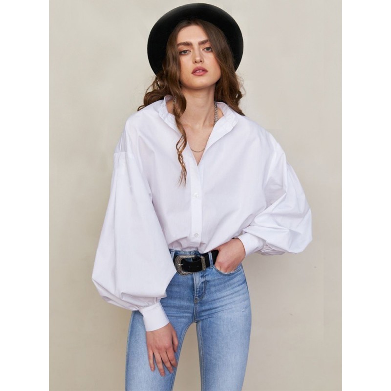 Women Shirt White Buttons Turndown Collar Long Sleeves Tops Casual Spring Fall