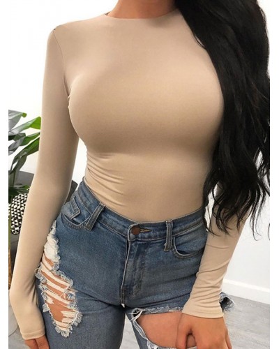 Women Bodysuit Light Apricot Long Sleeves Piping Stretch Notched Neckline Cotton Top Sexy Spring Fall