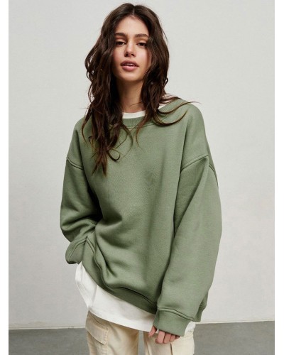 Sweatshirt For Women Olive Long Sleeves Cotton Oversized Tops