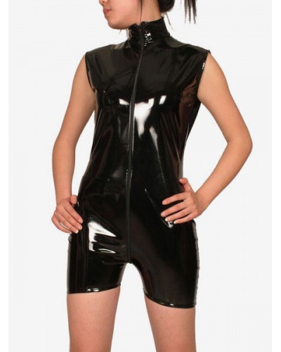 Unisex Black Sleeveless Shiny Metallic Fabric Shorts Style Front Zip Catsuit For Women Solid