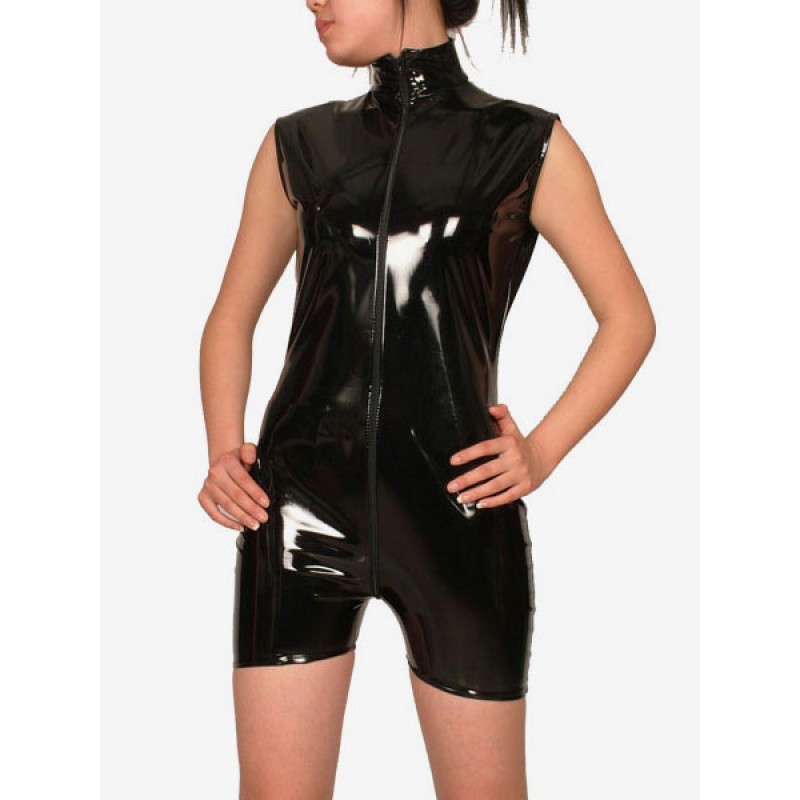 Unisex Black Sleeveless Shiny Metallic Fabric Shorts Style Front Zip Catsuit For Women Solid