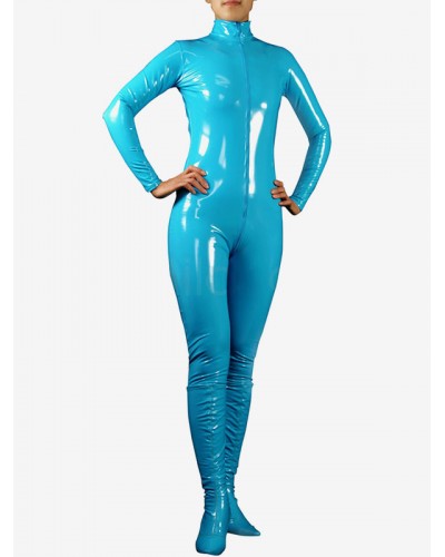 Unisex Halloween Water Blue PVC Front Open Style Shiny Metallic Catsuit Solid