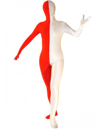 Unisex Halloween Morph Suit White And Red Split Color Lycra Spandex Zentai Suit