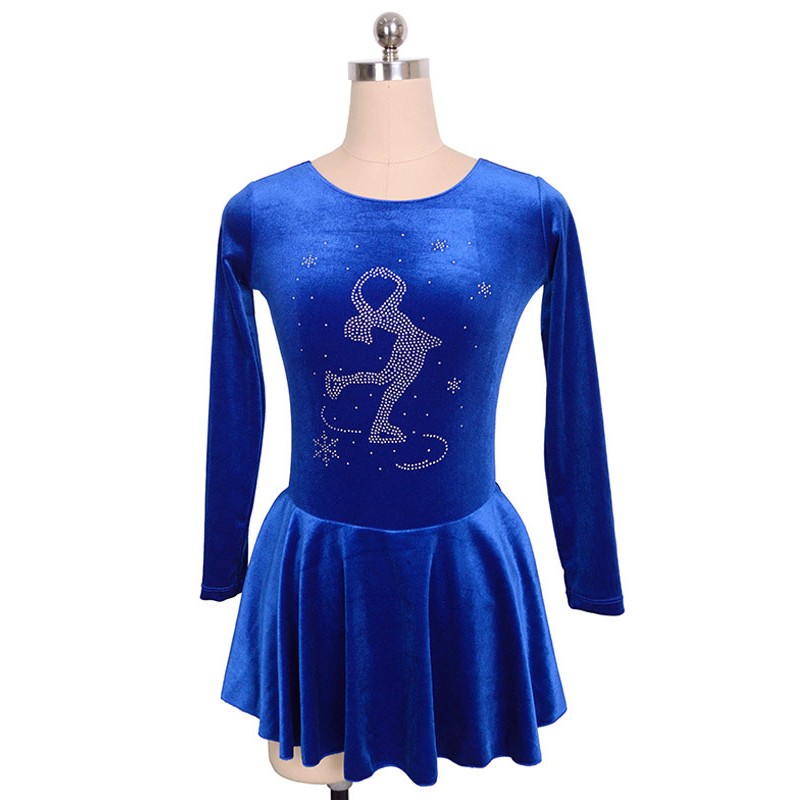 Skating Dress Royal Blue Velvet Beading Pleated Dance Costumes Halloween