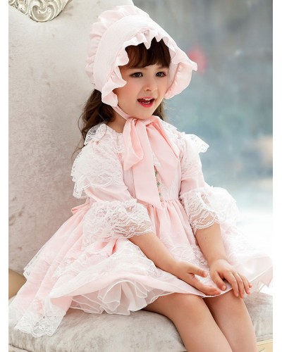 Polyester Daily Casual Lace Short Sleeves Polyester Fall Dress ROCOCO Style Pink Kids' Lolita Dresses