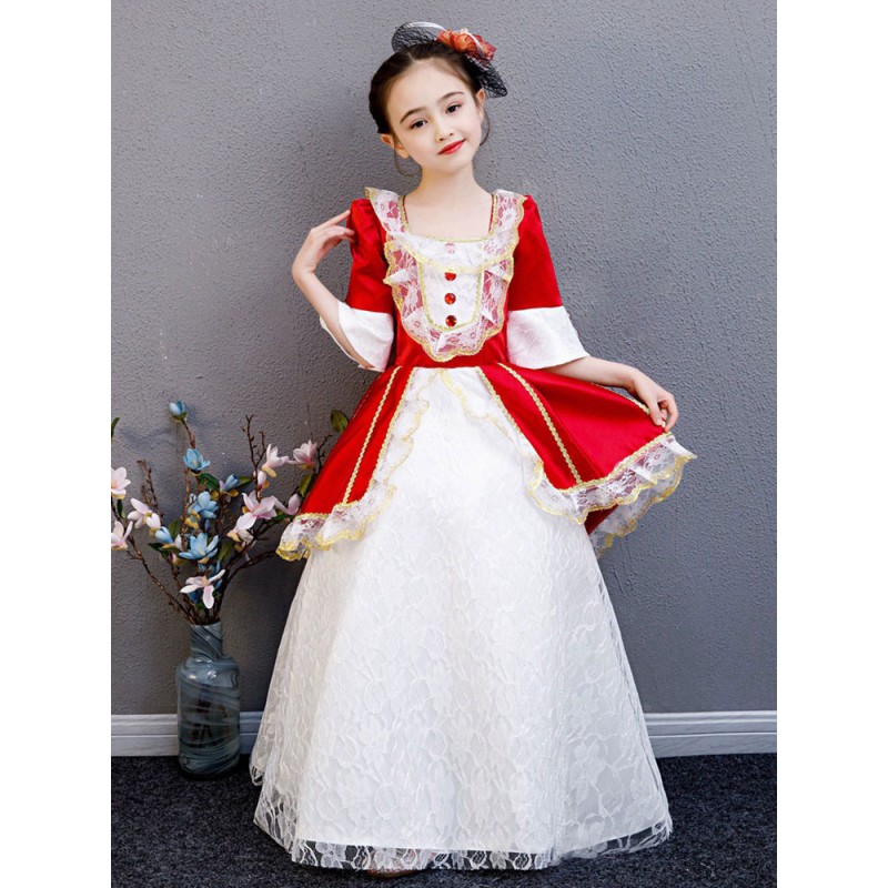 Polyester Fiber Tea Party Lace 3/4 Length Sleeves Polyester Jumpsuit ROCOCO Style Red Kids' Lolita Dresses