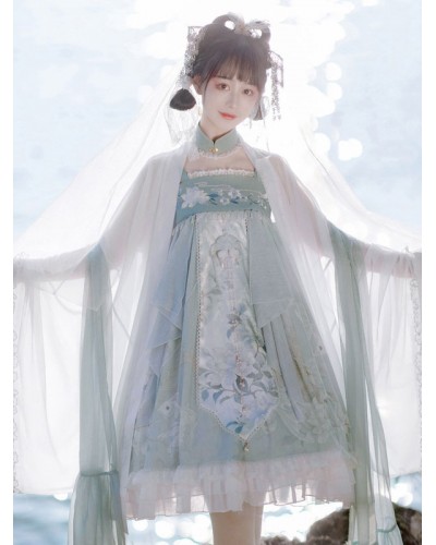 Chinese Style Lolita Dress Ruffles Sleeveless Polyester Chinese Style Floral Print Light Green Chinese Style Lolita