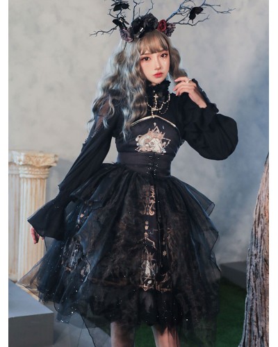 Lolita JSK Dress Black Sleeveless Chains Pearls Classical Lolita Jumper Skirts Gothic Spring Summer Fall Daily Casual