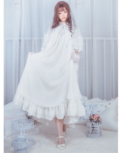 Classic Lolita OP One Piece Dress Stand Collar Long Sleeve Frills Ruffles White Lolita Dresses With Bows