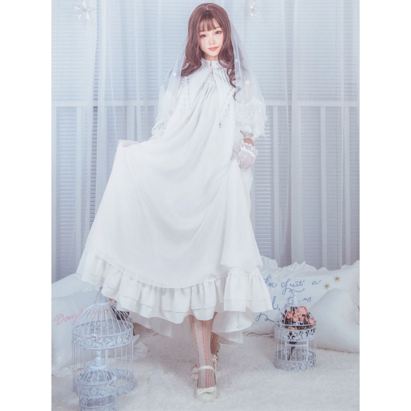 Classic Lolita OP One Piece Dress Stand Collar Long Sleeve Frills Ruffles White Lolita Dresses With Bows