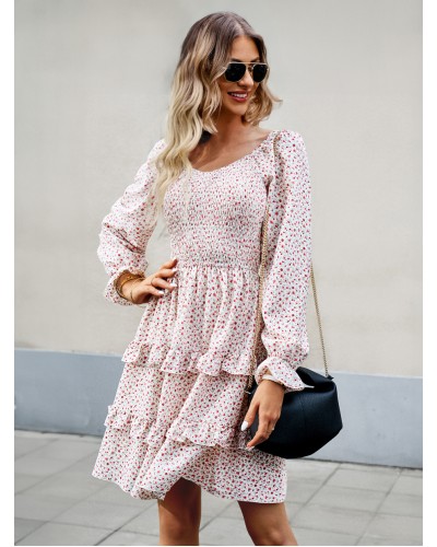 Women Floral Dress Layered V-Neck Long Sleeves Skater Dresses Bodycon Spring Summer Fall