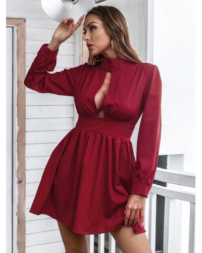 Birthday Skater Dresses High Collar Pleated Black Long Sleeves Fit And Flare Dress Sexy Street Wear Dating