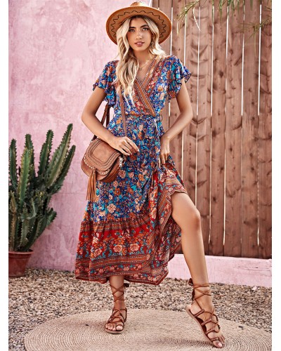 Women V-Neck Maxi Dress Short Sleeves Printed Floor Length Dress Bohemian Summer