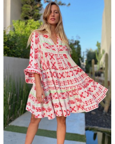 Women Dress Red V-Neck Geometric Beach Dress Casual Spring Summer