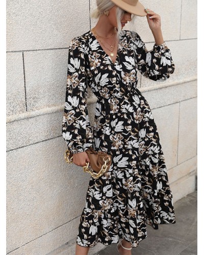 Women Floral Dress V-Neck Pleated Casual Long Sleeve Midi Dress Summer Fall