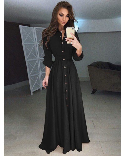 Women Maxi Dresses High Rise Stand Collar Buttons Long Sleeves Floor Length Shirt Dress Spring Fall