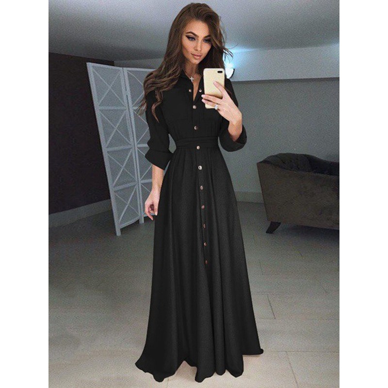 Women Maxi Dresses High Rise Stand Collar Buttons Long Sleeves Floor Length Shirt Dress Spring Fall