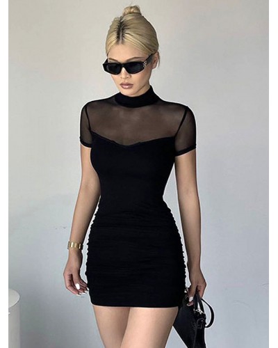 Bodycon Dresses Black Short Sleeves High Collar Sheer Sheath Dress Sexy Casual Street Wear