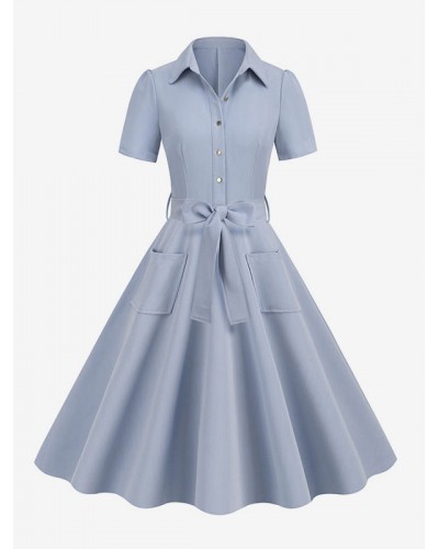 Dress 1950s Audrey Hepburn Style Light Sky Blue Short Sleeves Rockabilly Dress Vintage Retro Summer