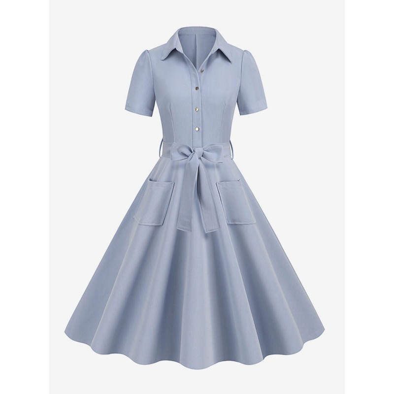 Dress 1950s Audrey Hepburn Style Light Sky Blue Short Sleeves Rockabilly Dress Vintage Retro Summer