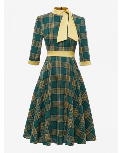 Dress 1950s Audrey Hepburn Style Coffee Brown Plaid Woman's Piping Half Sleeves High Collar Swing Dress Vintage Retro Summer