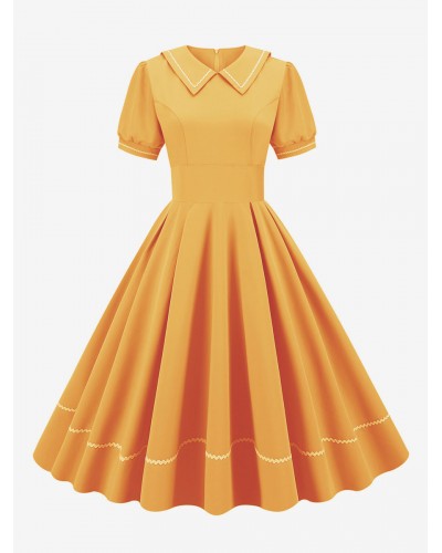 Women Dress 1950s Audrey Hepburn Style Yellow Short Sleeves Turndown Collar Medium Swing Dress Vintage Street Wear Daily Casual