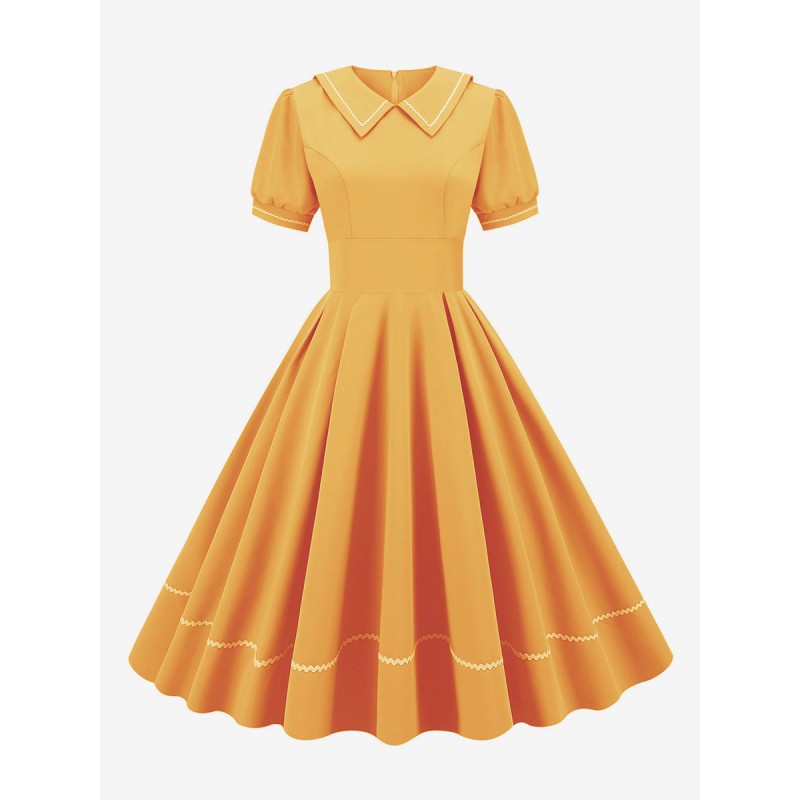 Women Dress 1950s Audrey Hepburn Style Yellow Short Sleeves Turndown Collar Medium Swing Dress Vintage Street Wear Daily Casual