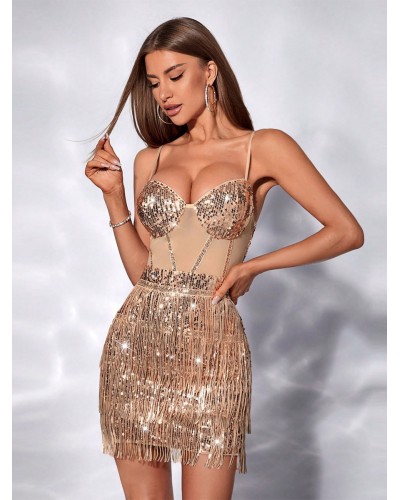 Women Party Dresses Champagne Straps Neck Fringe Sleeveless Semi Formal Dress Mini Fall