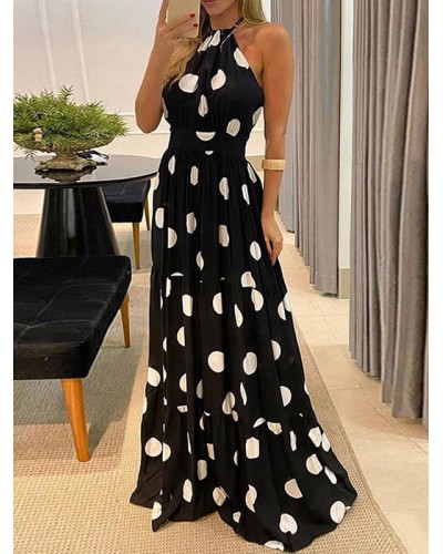 Dresses Sleeveless Black Polka Dot Jewel Neck Pleated Backless Long Dress Maxi Field