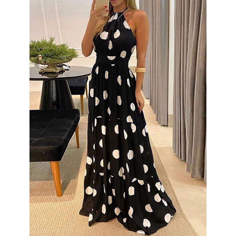 Dresses Sleeveless Black Polka Dot Jewel Neck Pleated Backless Long Dress Maxi Field