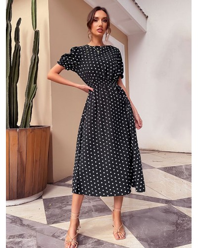 Polka Dot Classic Jewel Neck Short Sleeves Midi Dress Classic  Traditional