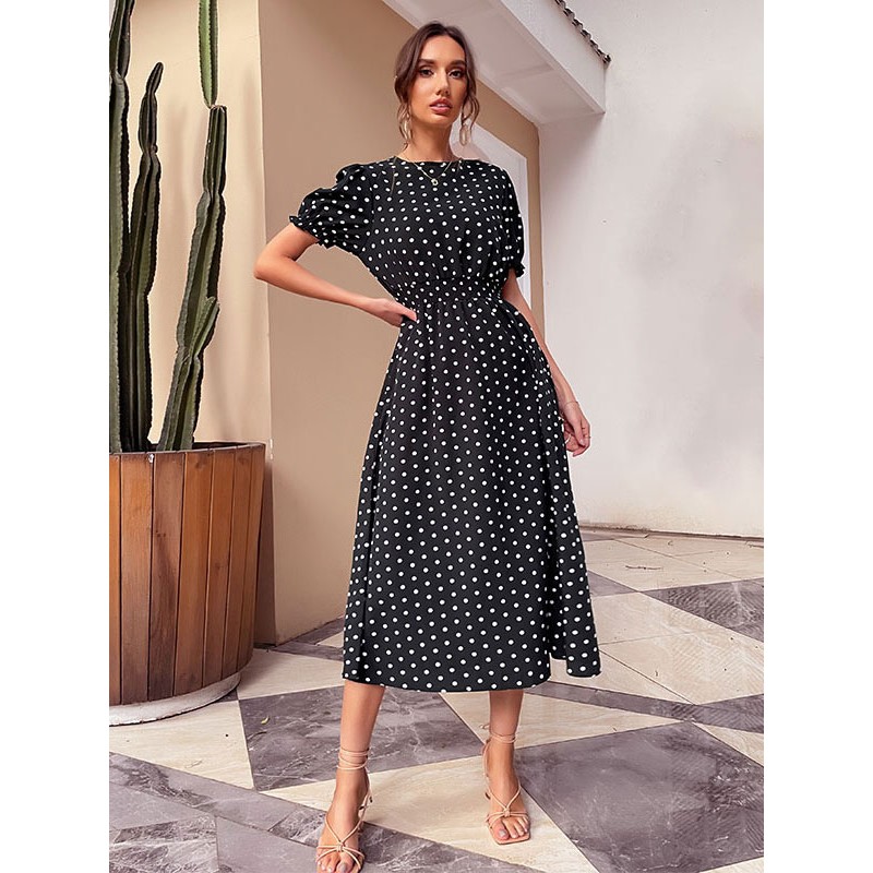 Polka Dot Classic Jewel Neck Short Sleeves Midi Dress Classic  Traditional