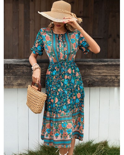 Women Floral Print V-Neck Short Sleeves Midi Dress Bohemian Summer