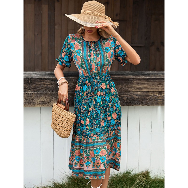 Women Floral Print V-Neck Short Sleeves Midi Dress Bohemian Summer