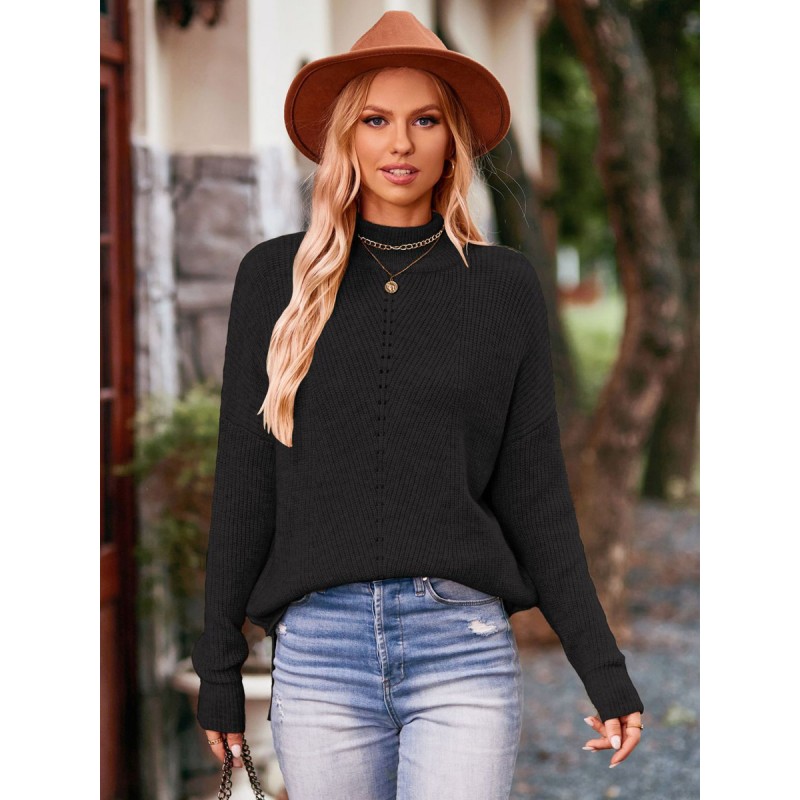 Women Pullover Sweater Khaki Cut Out Crewneck Long Sleeves High Low Design Acrylic Sweaters Casual Fall Winter